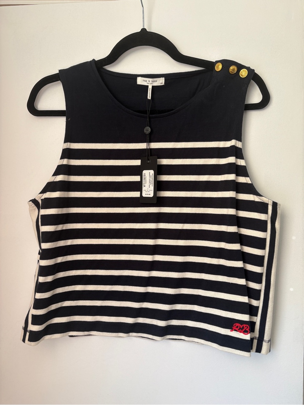 Women’s rag & bone Navy and White Striped Tank with Gold Button Accents